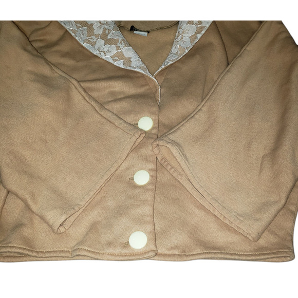 Honey Cropped Tan Cardigan M/L Sailor Collar Lace Cream Buttons Dolman Sleeve - Picture 4 of 9